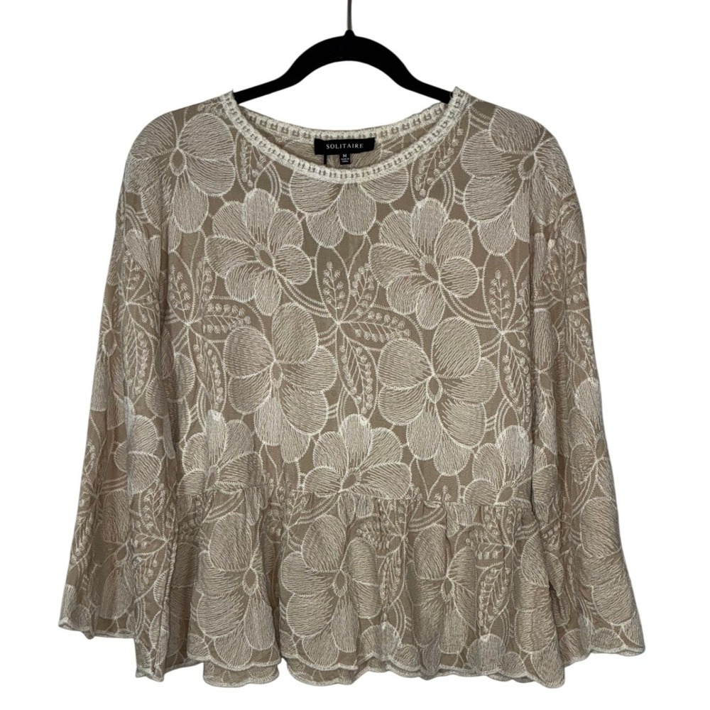 Solitaire Beige Tiered Lace Ruffle Peplum Top Blouse M Shabby Chic Boho Coquette